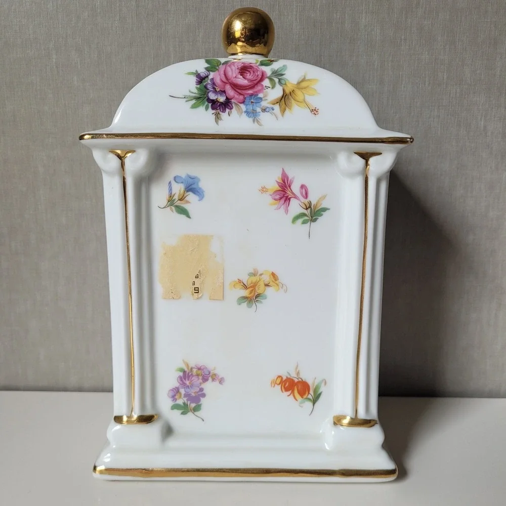 Vintage Porcelain Mantel Clock - Floral Chintz & Gold Trim - Tested & Working